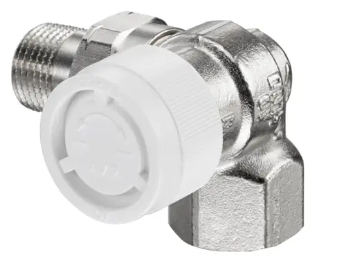 Thermostatventil von Oventrop in Winkeleck-Form, mit einem weißen Drehknopf und verchromtem Metallkörper, geeignet für Rohranschlüsse.